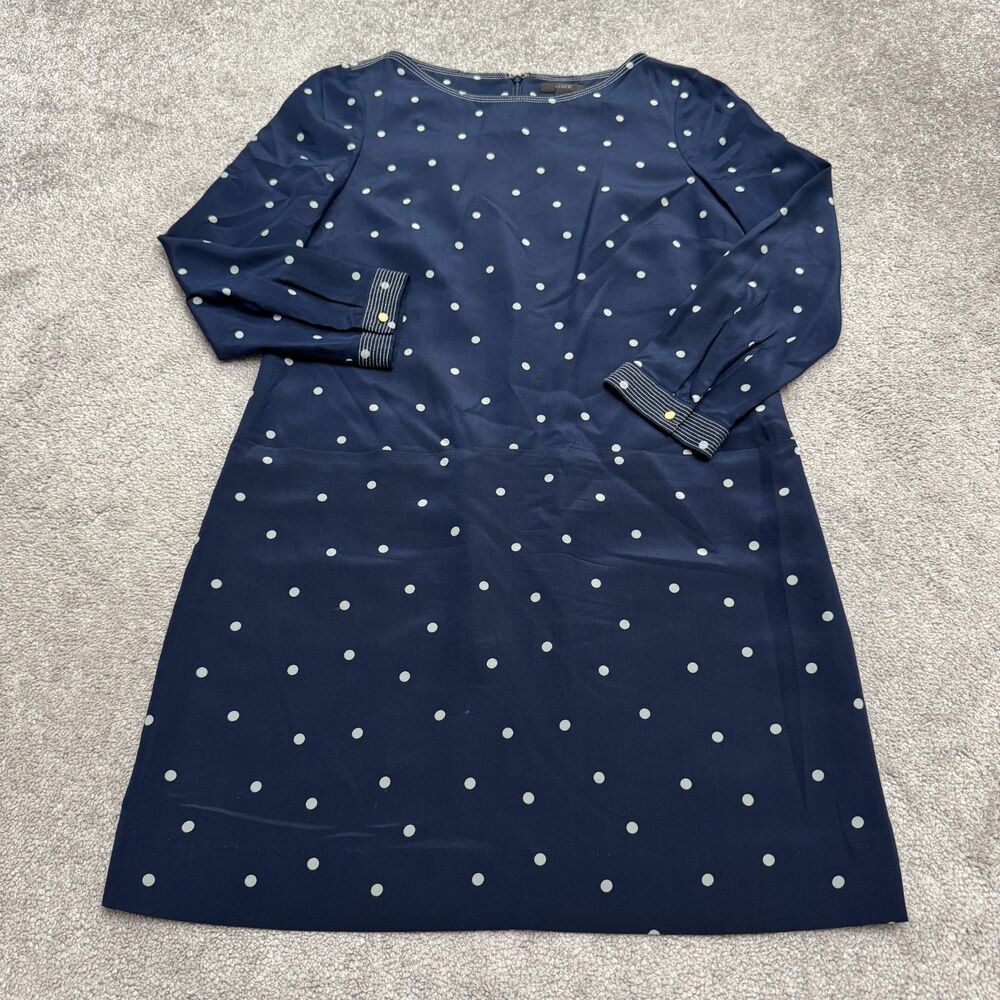 J.Crew 100% Silk Polka Dot Long Sleeve Midi Shift Dress Womens 4 Navy Blue White